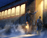 A young boy gets ready to board the Polar Express headed to the North Pole.