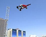 Danny Way gets massive air in this picture of the Big Air Skateboarding event at X Games X.