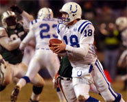 Picture of Peyton Manning of the Indianapolis Colts, playing in an NFL game.