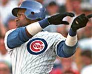 Picture of Sammy Sosa of the Chicago Cubs, who was suspended for seven games for playing baseball with a corked bat.