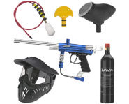 Picture of a spider paintball kit, which includes a marker, mask, goggles and other important paintball equipment.