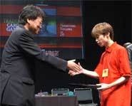 2004 Yu-Gi-Oh! King of Games accepts the trophy for winning the world championship Yu-Gi-Oh! tournament!