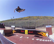 Photo of Ryan Sheckler skateboarding over a ramp.