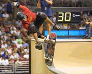 Tony Hawk skateboards at the 2002 X Games.