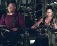 Morpheus and Niobe fight in the battle to save Zion in The Matrix Revolutions.