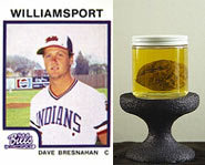 Picture of catcher, Dave Bresnahan, and his famous baseball-shaped potato. The potato was retrieved from a garbage can by a teenage boy and is now on display at the Baseball Reliquary in California.