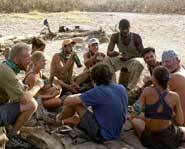 The newly merged tribe chows down.
