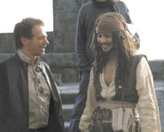 Johnny Depp with director Gore Verbinski on the set of Pirates of the Caribbean.