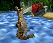 Pitfall Harry fights crocs in Pitfall The Lost Expedition for the Xbox video game console.