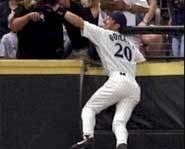 Luis meets the fans while going for a fly ball.