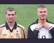 Roy Keane and David Beckham show off the new Manchester United Jerseys.