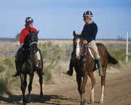 Dudes riding at a dude ranch.
