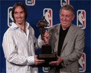 Picture of NBA superstar, Steve Nash, accepting the 2005 NBA MVP Award.