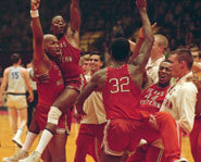 Scene from Glory Road, a college basketball movie, starring Josh Lucas and Derek Luke.