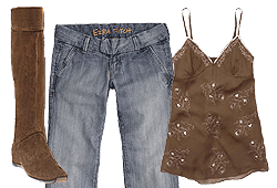 Choose boot-cut jeans and sparkly tops that draw the eyes up.
