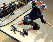 Picture of vert skateboarding Sandros Dias at the X Games.