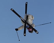 Picture of freestyle skier, TJ Schiller, in the Big Air competition at the Winter X Games.