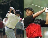 Picture of golf rivals Phil Mickelson and Tiger Woods.