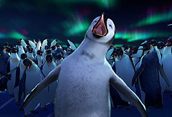 Robin Williams, Elijah Wood and Britney Murphy lend their voices to the movie Happy Feet.