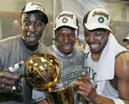 The Boston Celtics' big three celebrate after defeating the Los Angeles Lakers in six games to win the 2008 NBA Championship.